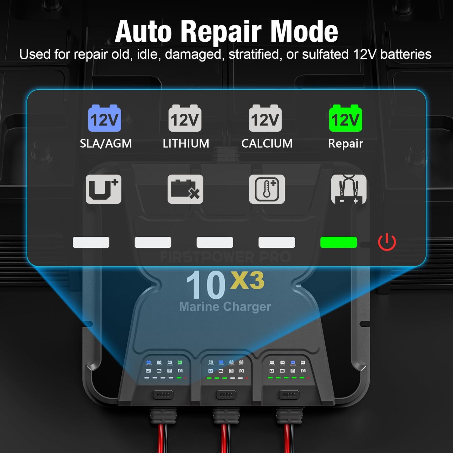 Upgraded 3 Bank Marine Battery Charger 10X3, 30A (10A/Bank) - 12V Waterproof Onboard Battery Charger, Battery Maintainer & Desulfator for SLA/AGM, Lithium (LiFePO4), Calcium & Deep-Cycle Battery