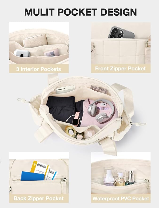 VUUDH Puffy Mini Gym Bag for Women, Carry On Multi-Pocket Water-Resistant Duffel, Lightweight Sports Bag for Fitness, Work, Travel, Daily Commute,Beige