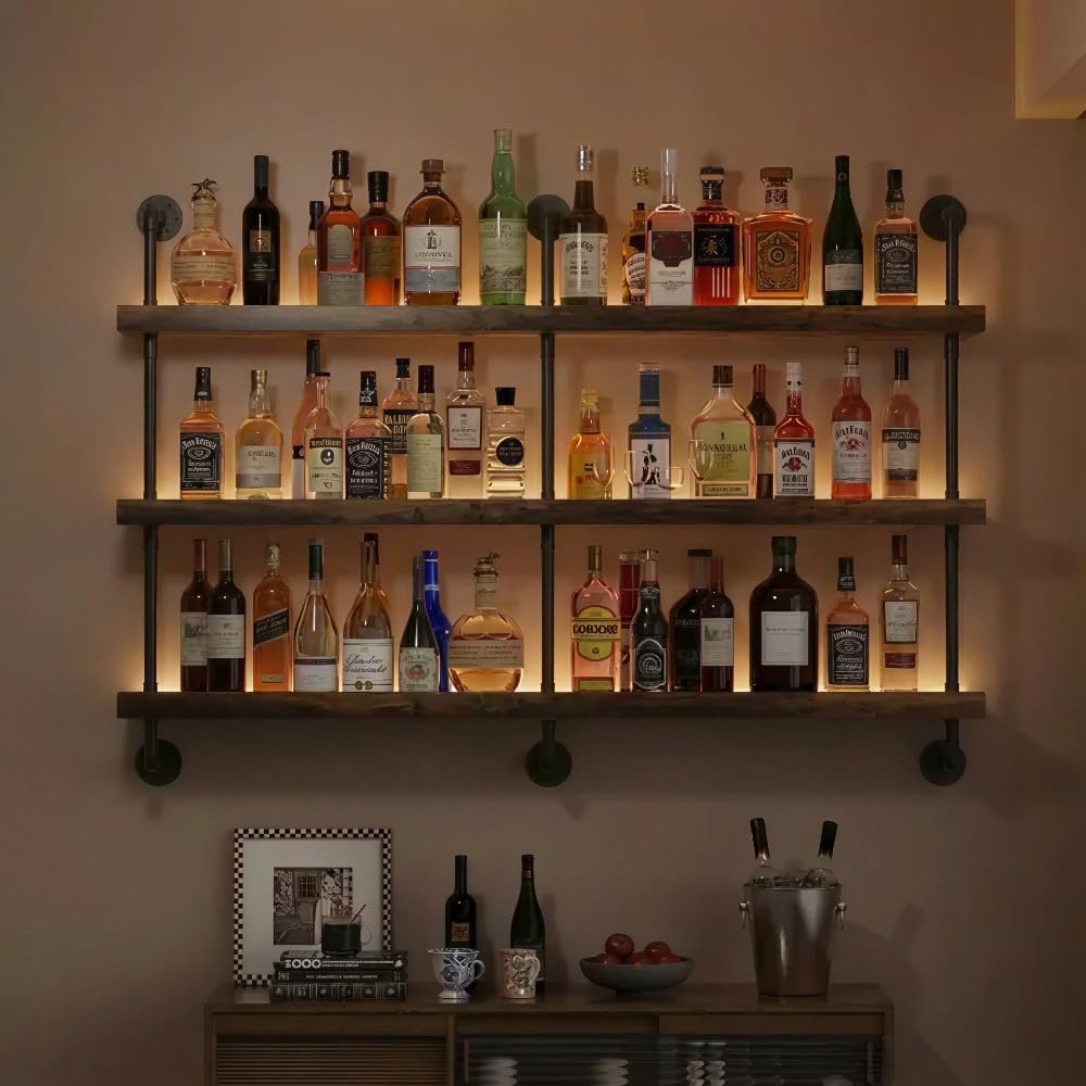Woskar 3-Tier Wall Mounted Wine Rack, Industrial Pipe Bar Shelf for Wine Bottle Storage, Industrial Pipe Shelves Shelf Shelving for Home Bar Dining Room Kitchen (47.2" W x 47.2" H)