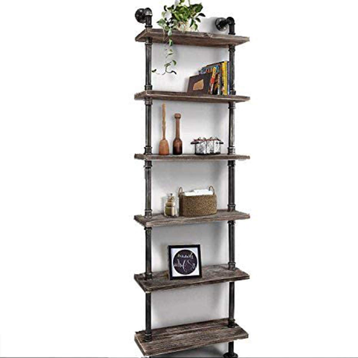 Industrielles Bücherregal, 6 Ebenen, modernes Leiterregal, Holzregal, Ausstellungsregal, Wandmontage, Metallregal, Bücherregal, Vintage Schmiedeeisen