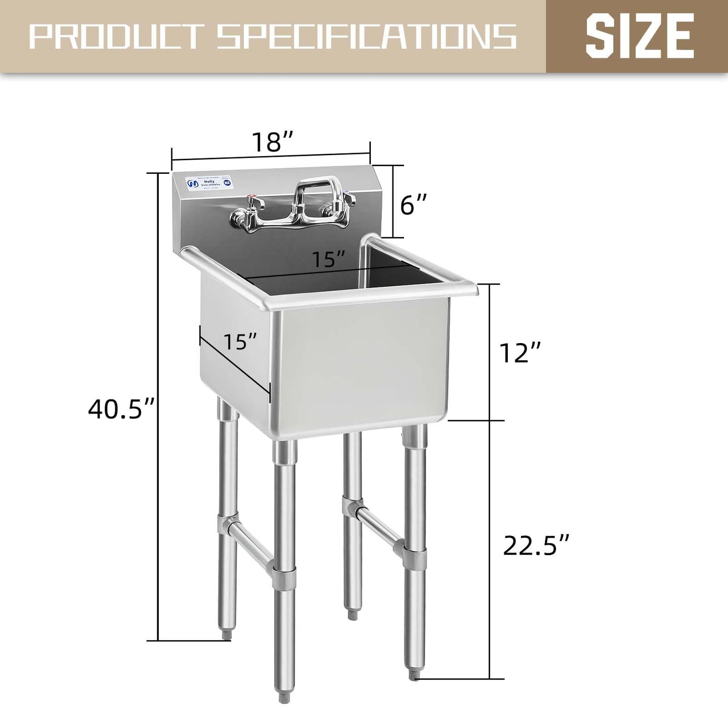 HALLY Commercial Stainless Steel Sink 1 Compartment NSF Prep & Utility Sink with 8" Faucet 15" L x 15" W x 12" D Bowl for Bar, Restaurant, Kitchen, Hotel and Home