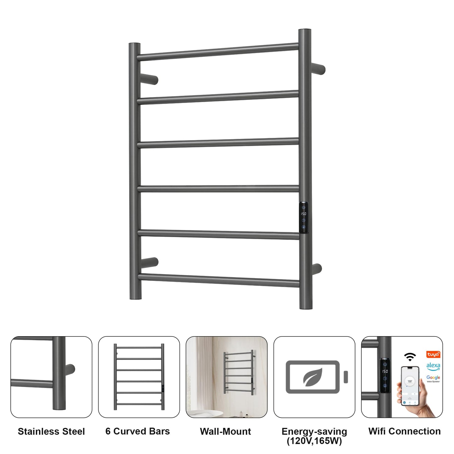 SHARNDY Electric Towel Rack with Voice Control for Alexa & Google Home,TUYA - Wall-Mounted Bathroom Heating Towel Warmer,Plug-in,Stainless Steel Material (Gungrey with WiFi, 6 Bar)