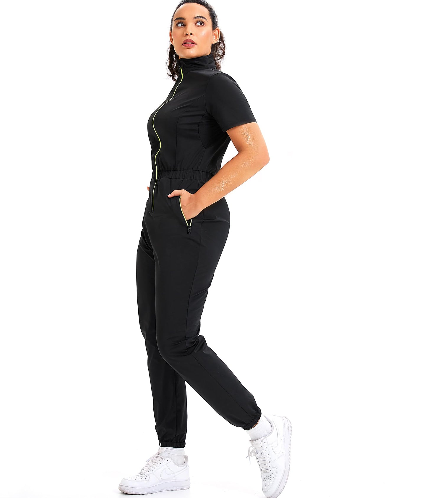 Junlan Sauna Suit for Women Sweat Jumpsuit Stand Collar Heat Trapping Shirt for Women Workout Sports(Black,Large)
