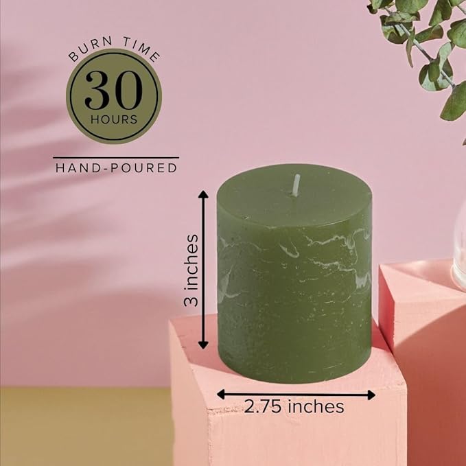 Simply Soson 3x3 inch Dark Moss Green Pillar Candles Set of 3, Rustic Texture, Unscented Green Candles, Dripless Candles, 3 inch Pillar Candles for Wedding Parties Spas Dinner Home Decoration Church