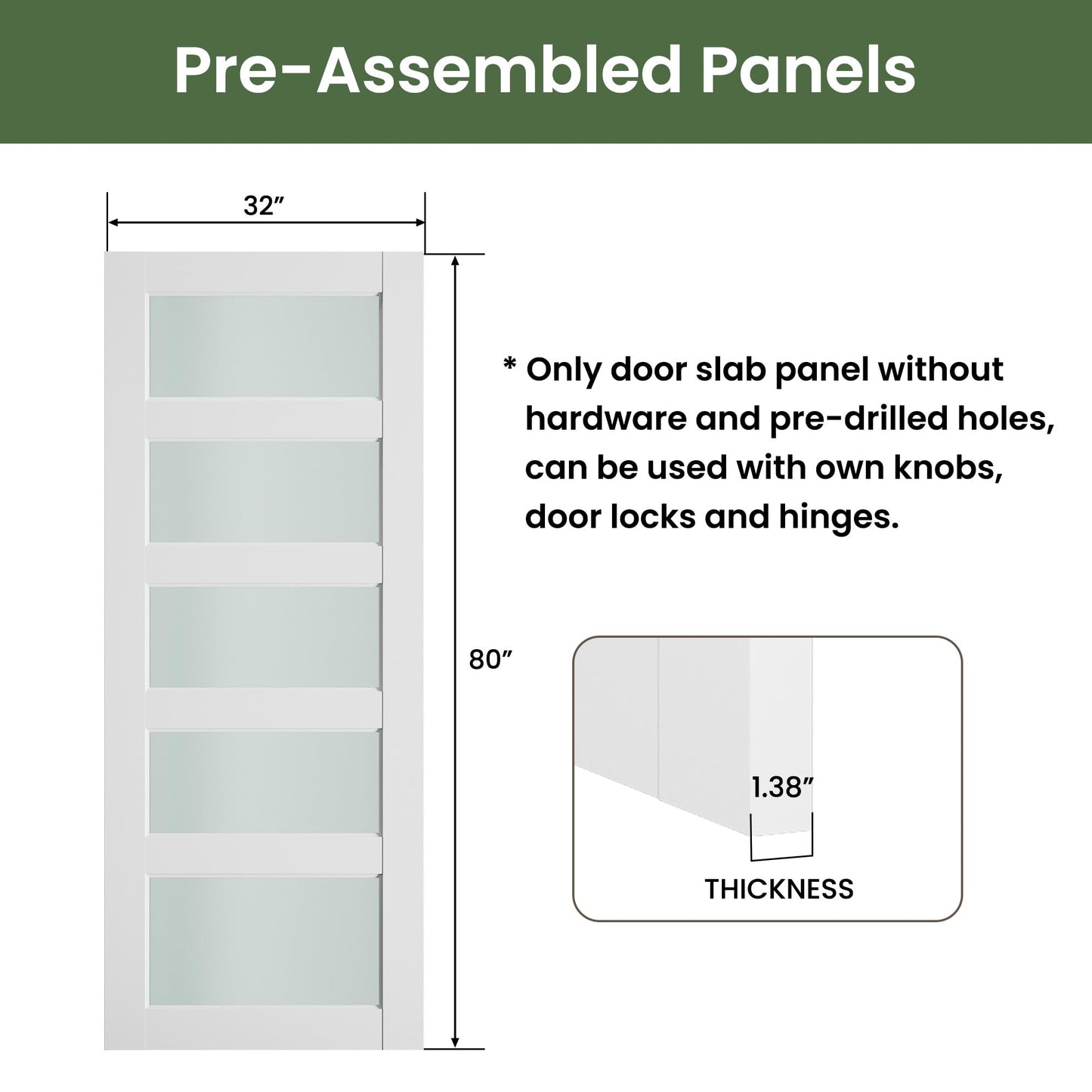 SMARTSTANDARD 5-Panel Frosted Glass Interior Door Slab, 32" x 80" Slab Door for Pantry Pocket Laundry Bathroom French, Solid Core Pre-Assembled Panel Without Hardware, White