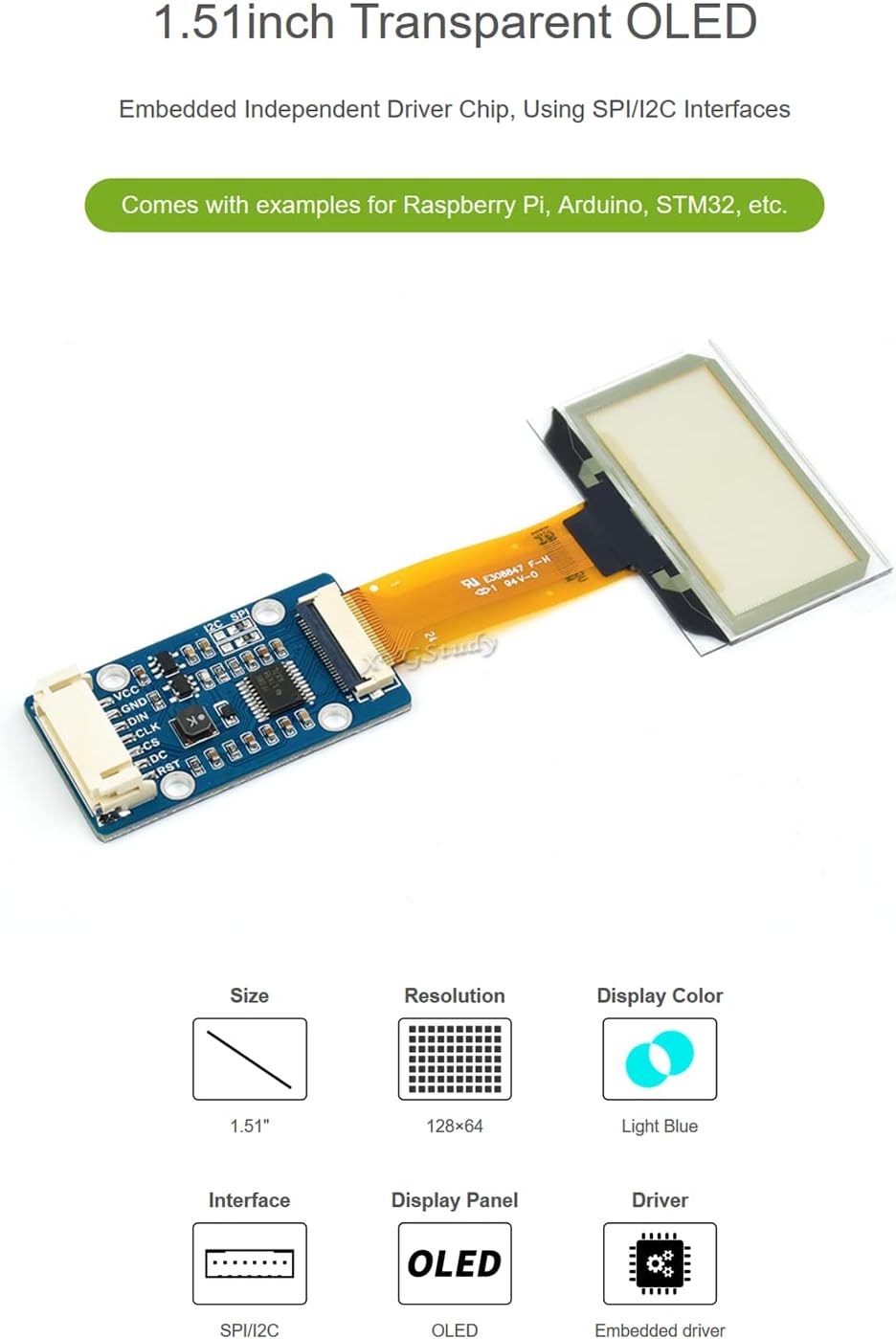 XYGStudy 1.51inch 12864 SPI/I2C 4 3 STM32 Transparent OLED Light Blue Color Display Module Interfaces for Raspberry Pi