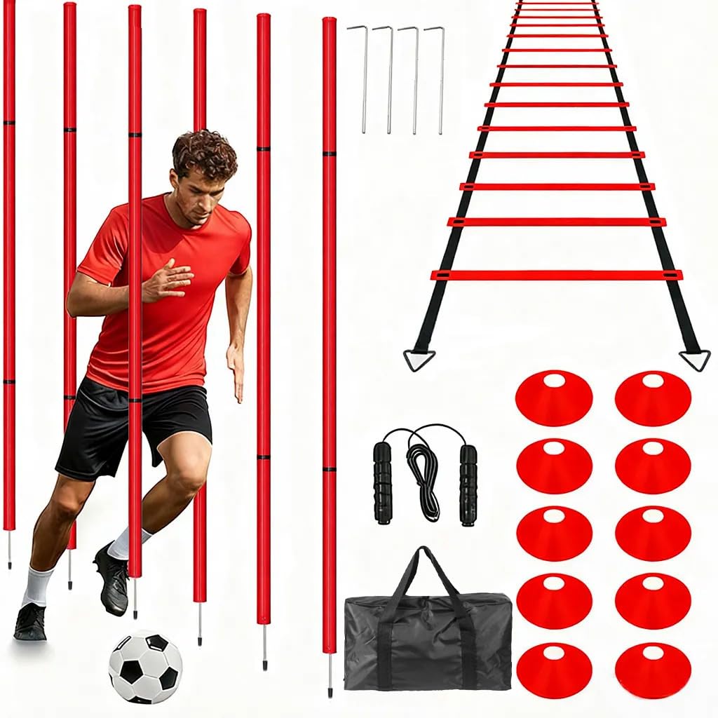 MQMCPDS Adjustable Soccer Training Agility Poles 6,1speed Ladder Agility Ladder,10soccer Cones for Training,1Jump Rope+Storage Bag,Auxiliary Equipment for Football Speed and Agility Training (red)