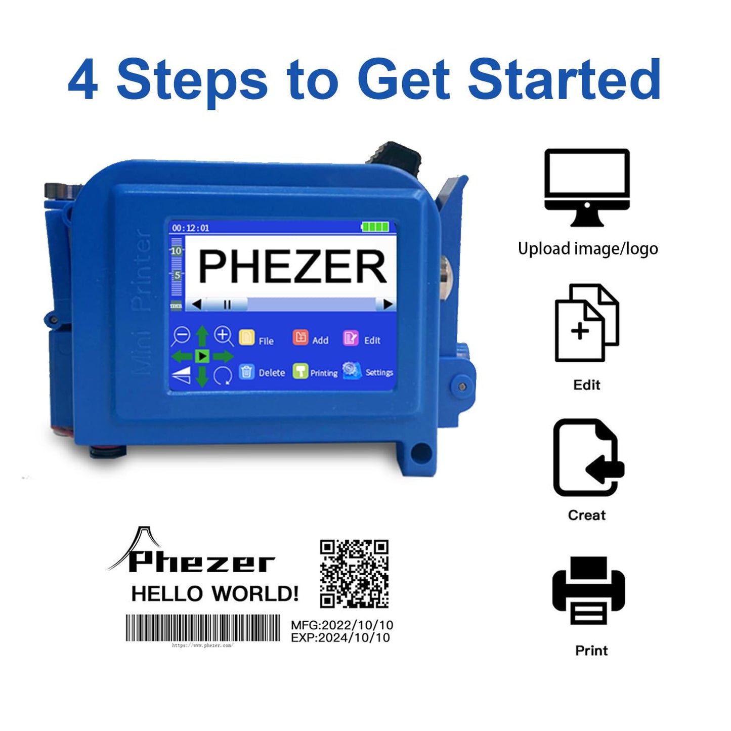 Phezer Upgraded Mini Inkjet Printer for Flat and Curved Surface PC11 Plus, 25 Languages & Quick-Drying Ink Cartridge, Portable Pocket Marking Device for Date Time Barcode Logo Qrcode Batch Number