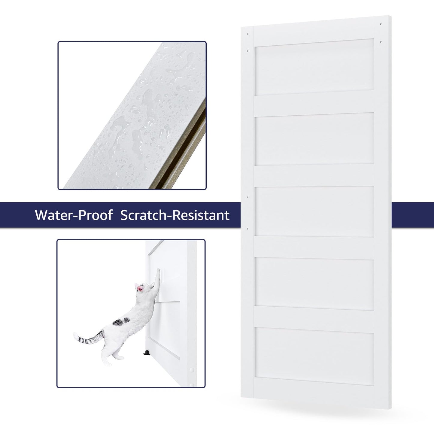 COSHOMER 36in x 84in Sliding Barn Door with 6.6ft Barn Door Hardware Kit & Handle, Pre-Drilled Holes Easy Assembly -Solid Barn Door Slab Covered with Water-Proof PVC Surface, White, 5 Panel