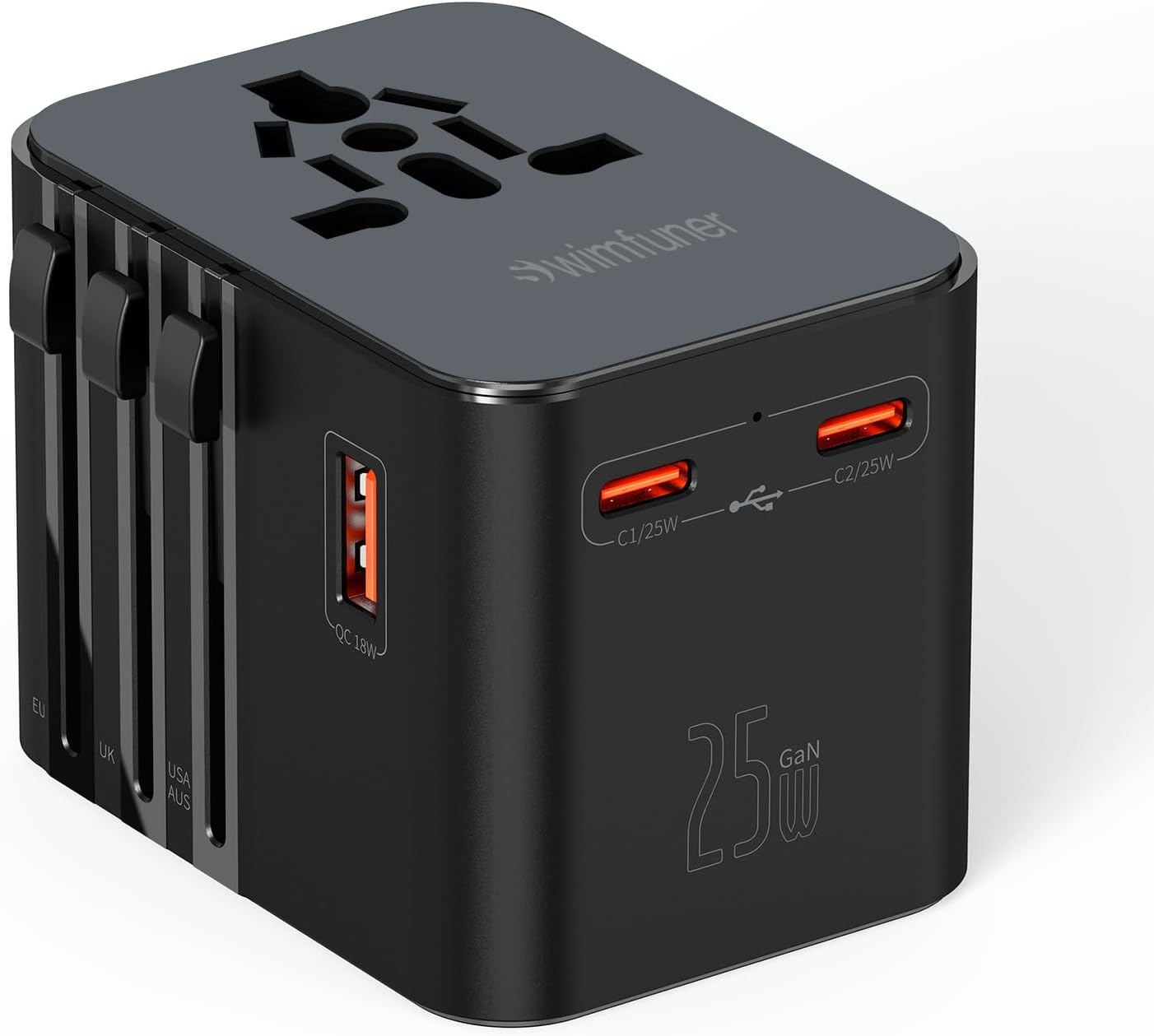 SWIMFUNER 2 1 Universal Travel Converter, GaN International Plug Charger, with USB-C and USB-A Travel Global Adapter