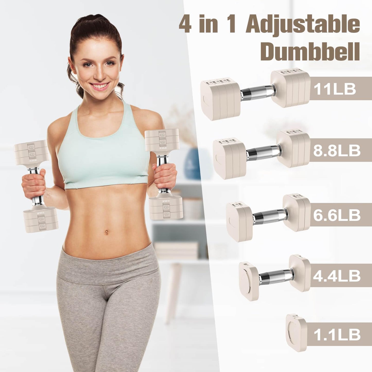 Hezeyferg 22LBS Adjustable Dumbbells Set, Adjustable Weight Dumbbells with 4 Levels 4.4lb, 6.6lb, 8.8lb, 11lb, Hand Weights Sets for Women/Men Home Gym Full Body Workout (11LB Each ( 22LB Pair ), Beige)