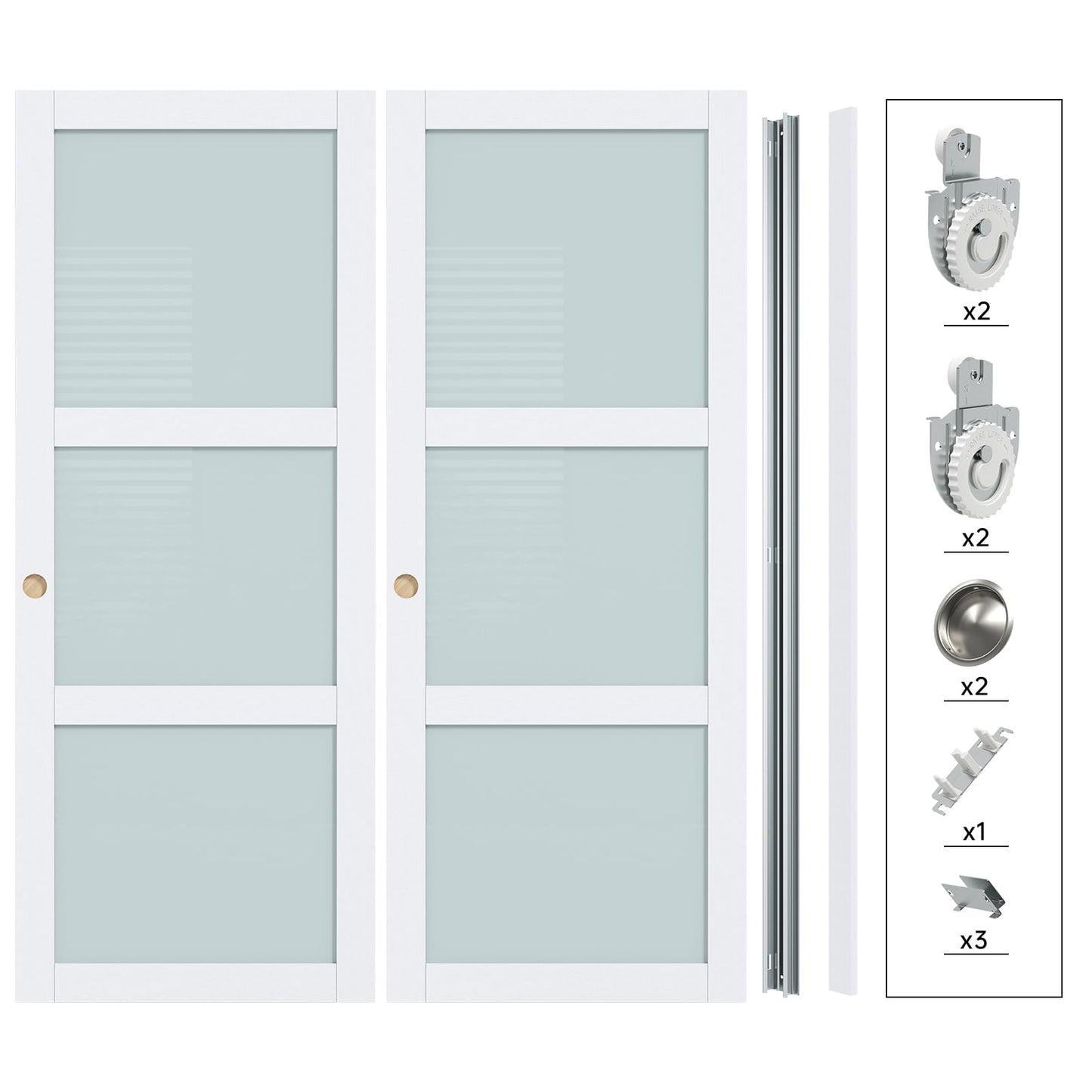 Finosen 60"×80"(Double 31") Sliding Closet Door, 3-Lite Frosted Glass, Bypass Barn Door with Hardware Kit Included, Preassembled MDF Wood Panel, Water-Proof PVC Surface, Easy to Install, White