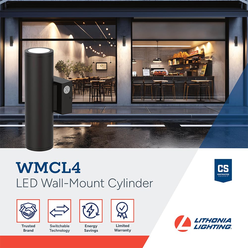 Lithonia Lighting WMCL 4 Inch LED Outdoor Wall Light, Modern Cylinder Outdoor Wall Sconce with Up/Down/Both Beam Direction, Selectable White Color, Photocell Dusk-to-Dawn, 45-Degree Beam Spread