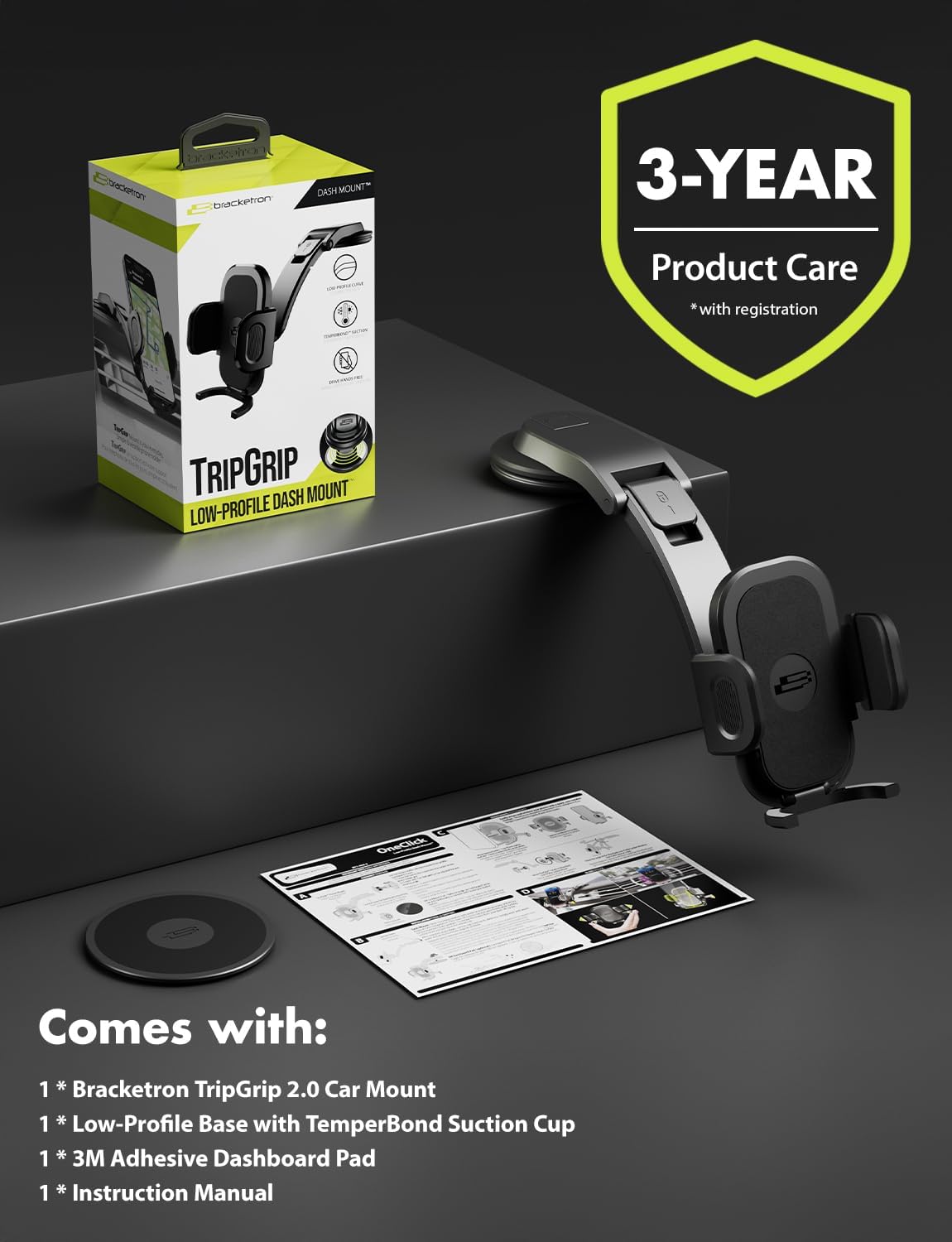 Bracketron TripGrip Low-Profile Dashboard Car Phone Holder Mount, One-Click Expandable Phone Holders for Your Car