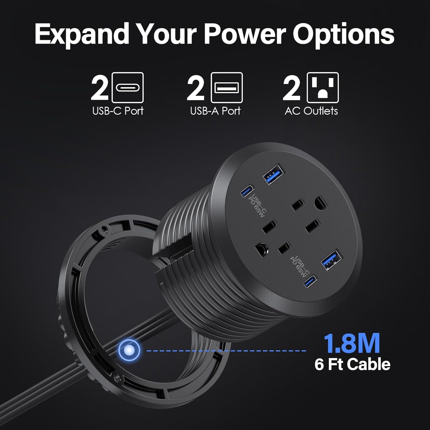 Jgstkcity Grommet, 65W 3inch Hole,2 Outlets,4 Countertop 65W Desktop Power USB C Fast Charging Port, Flush Mount