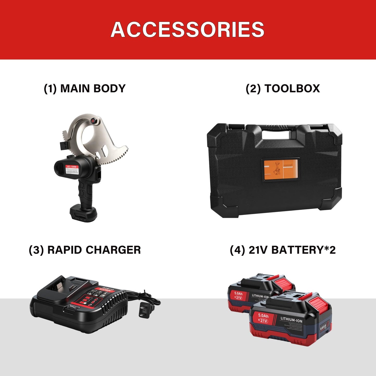 4” Battery Ratcheting Cable Cutters 21V 10lbs Cordless Electric Portable Heavy Duty Cable Cutting for Diameter Communications, Armored, Lead Sheath, Copper, Aluminum Cables