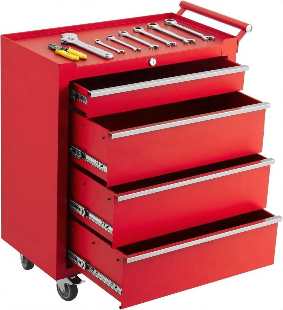 GarveeHome 4-Drawer Tool Chest, Rolling Tool Box with Wheels and Lock System, Portable Storage Rolling Tool Chest for Warehouse, Workshop & Repair Shop, Red