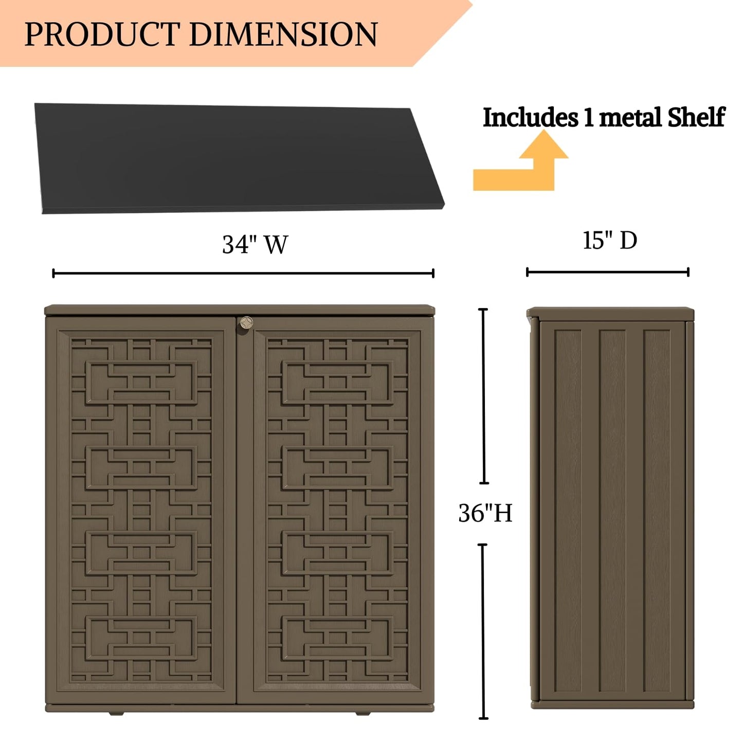 ZZM HDPE Outdoor Storage Shed, Outdoor Plastic Storage Cabinet, Horizontal Resin Tool Shed for Garden, All Weather Outdoor Storage Clearance, DIY Usage, with one Shelf (Coffee)