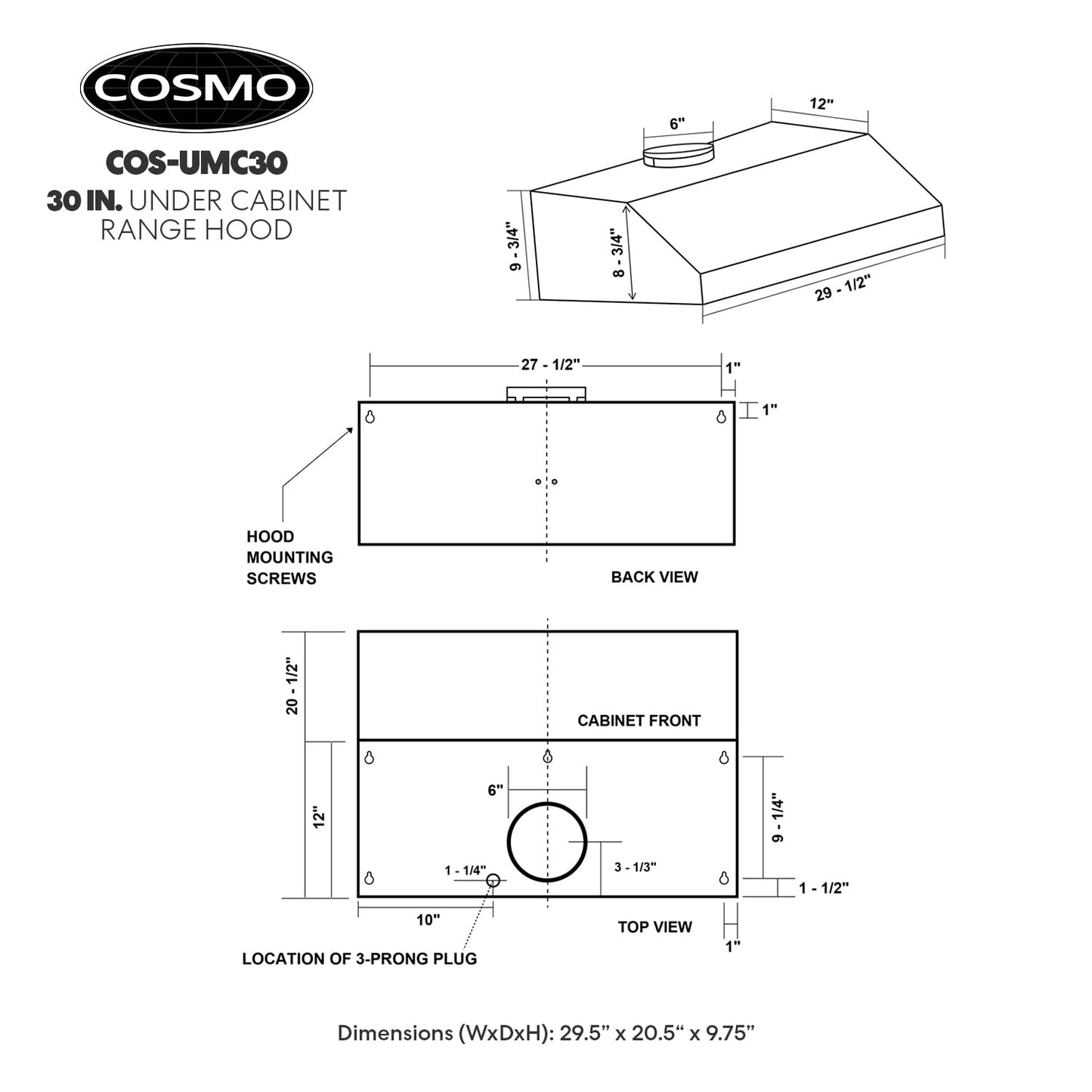 COSMO UMC30 30 in. Haven Collection 380 CFM Ducted Under Cabinet Range Hood, LED Lights, Touch Controls, Stainless Steel