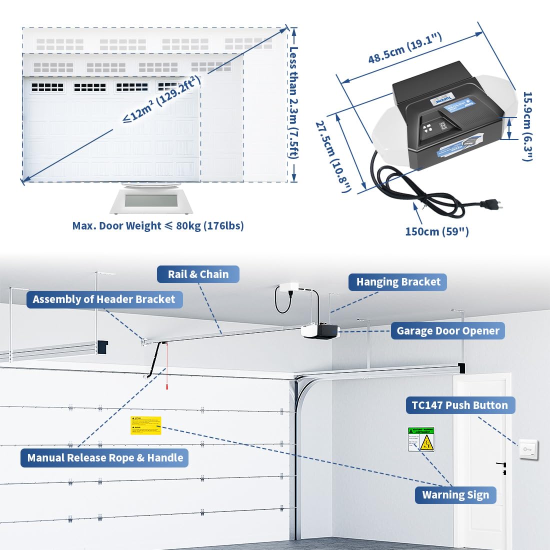 TOPENS CZ120 Garage Door Opener System 800N Chain Drive with Wireless Remote & Keychain Transmitter Smart App Control DC Motor for Sectional Garage Doors up to 7.5 ft