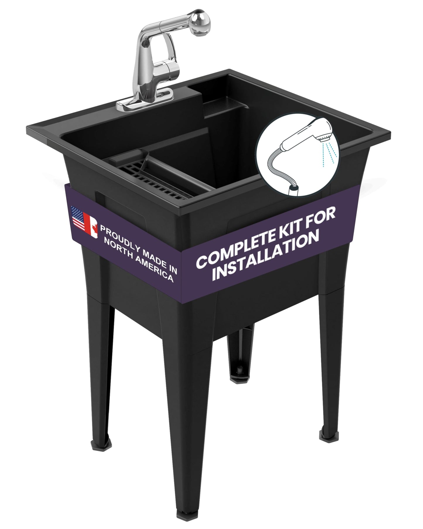 Freestanding Utility Sink with One Handle Chrome Faucet - 24" Plastic Utility Sink for Garage, Laundry, Indoor and Oudoor Use - Laundry Tub Kit by Noah William Home - Black (19.5 gal)