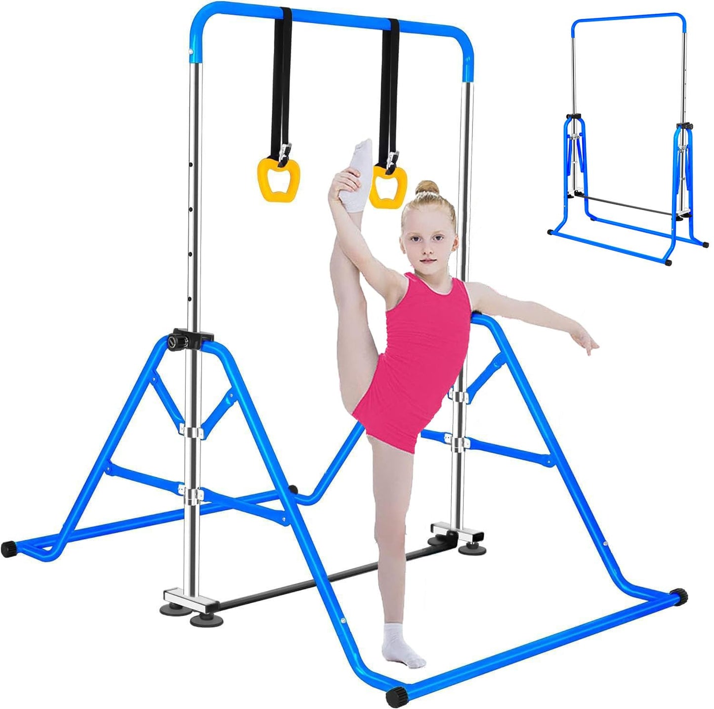 FCOUMY Gymnastics Horizontal Bar, Junior Training Kip Bar Gymnastics Equipment for Home, Adjustable Telescopic Height Folding Horizontal Bar with Gymnastic Rings for 3-12 Years Old Kids