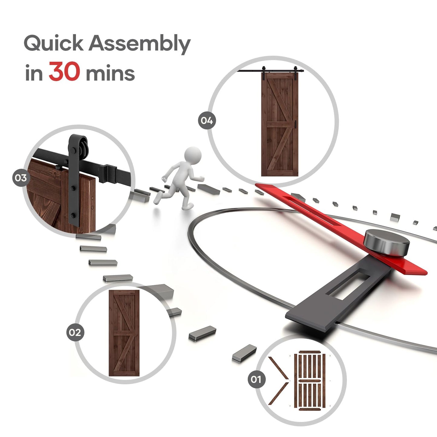 ROYMELO 30x84 inch Sliding Barn Wood Door Slab with 5ft Hardware Kit and Handle, Coffee, K Shape, Simple DIY Assembly