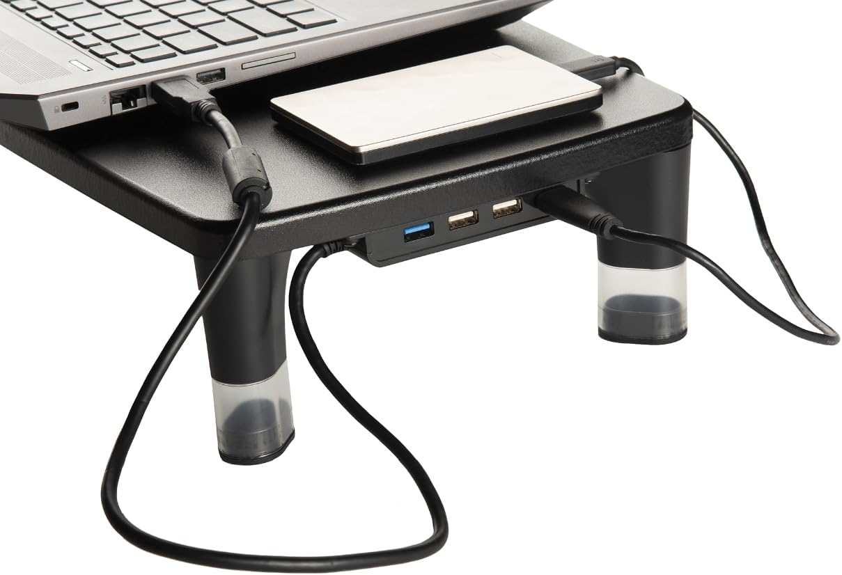 3M 4-Port Adjustable Monitor Stand with USB Hub, Black, Great for Computer Monitors, Laptops, TVs, Speakers, Printers