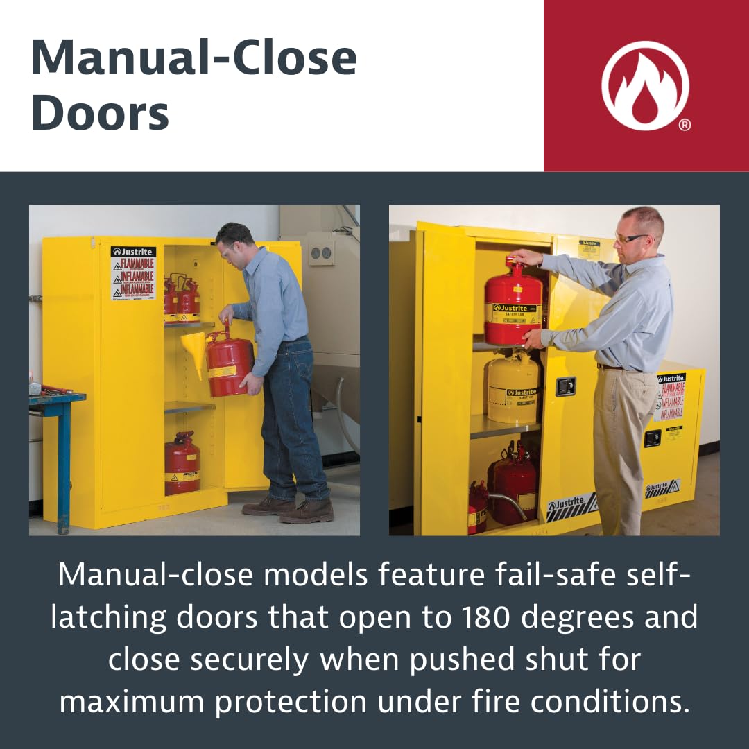 Justrite 4 Gallon Manual Close Countertop Flammable Storage Cabinet, 18 Gauge Steel, 1 Shelf, 1 Door Fire Cabinet, 22" x 17" x 17", Made in The USA, Yellow, 890400