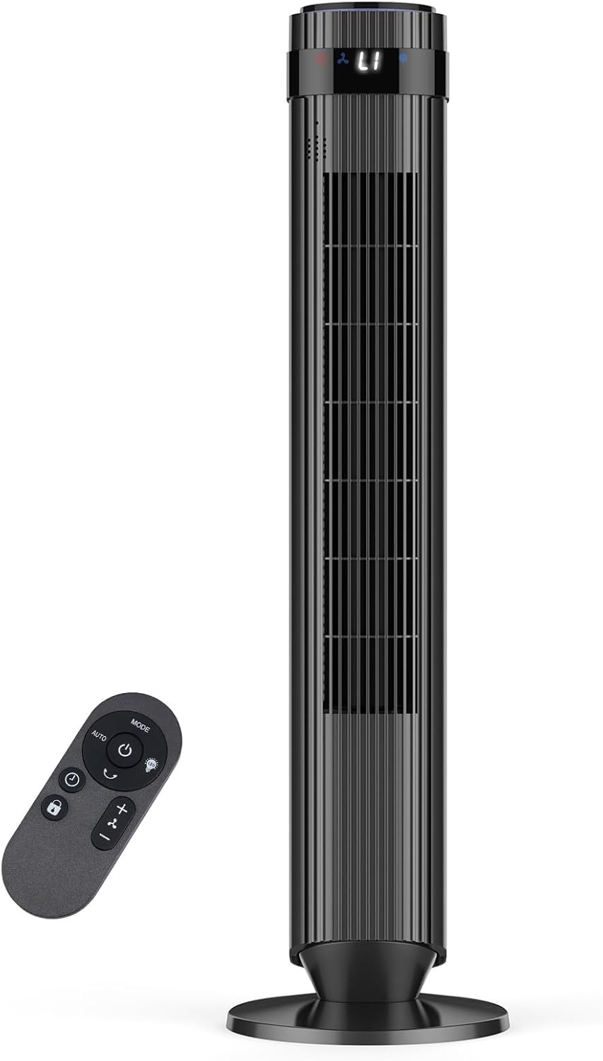 OLIXIS Tower Fan - Quiet 28dB Bladeless Oscillating Fan with Remote, 12H Timer, 5 Speeds | Black