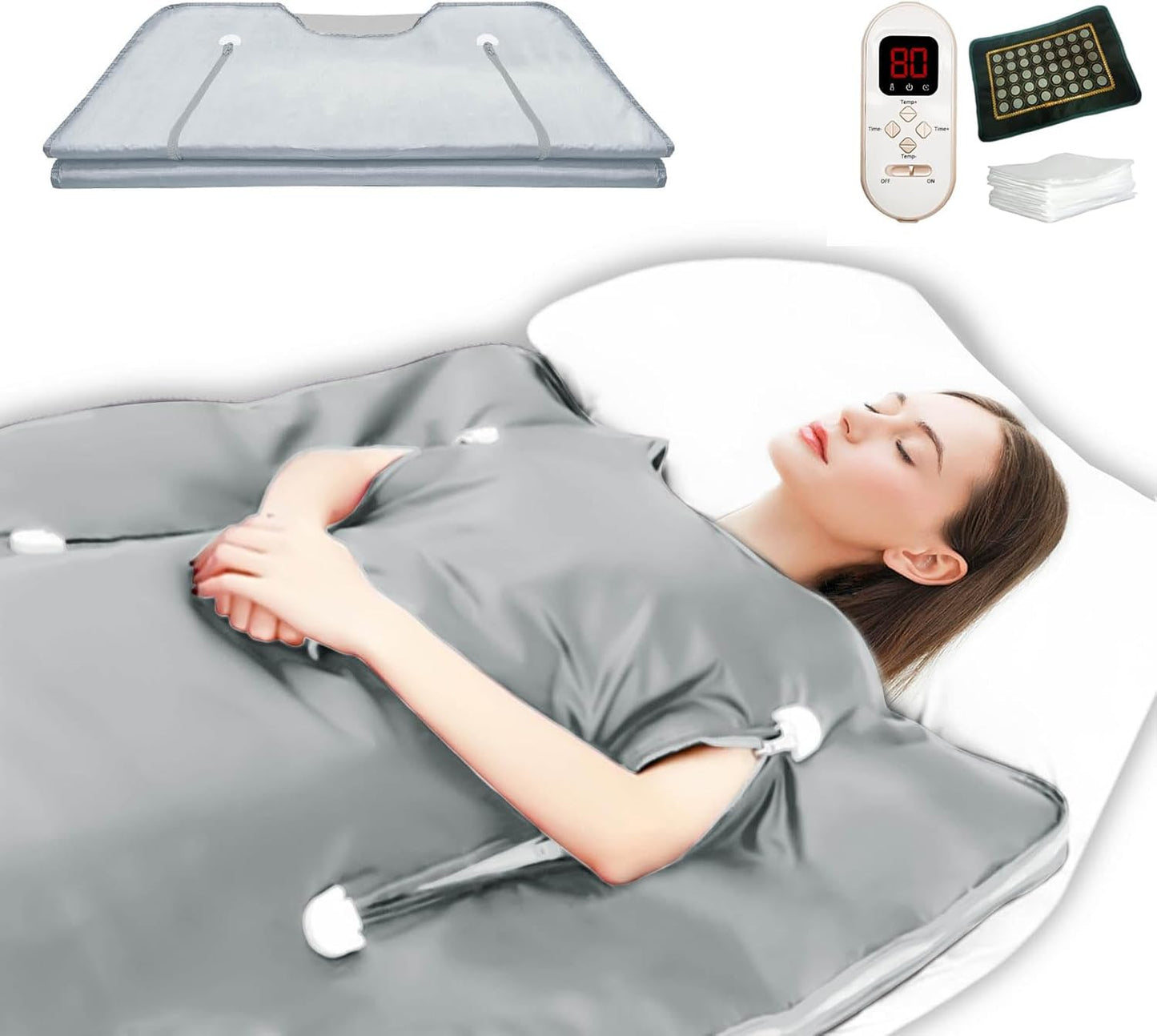 PINJAZE Natural Jade and Tourmaline Heat Sauna Blanket Infrared Zipper Oxford Cloth Upgraded Version Professional Detox & Heat Therapy Blanket with Remote (US 110V,71×32 Inches)