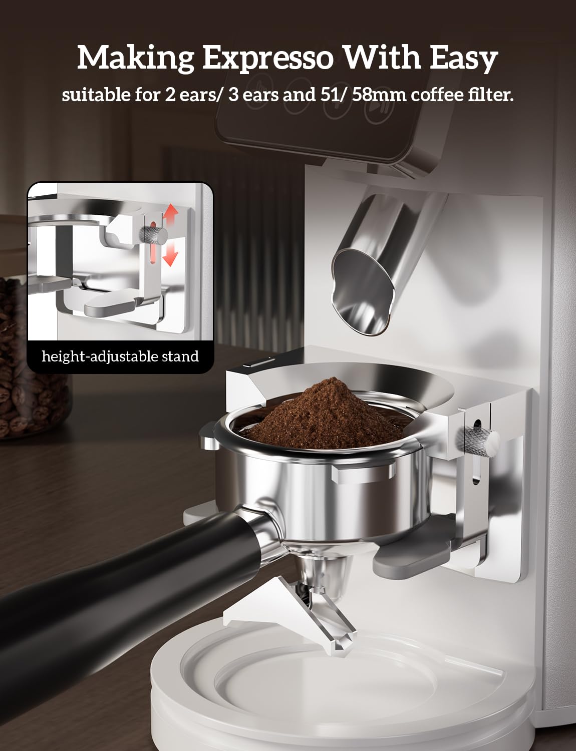 Neretva Espresso Grinder, 2 in 1 Professional Coffee Bean Grinder Stainless Steel Suit 51~58mm Portafilter Burr Coffee Grinder 30 Precise Setting&Anti-Static for Espresso/French Press/Drip/Moka-White