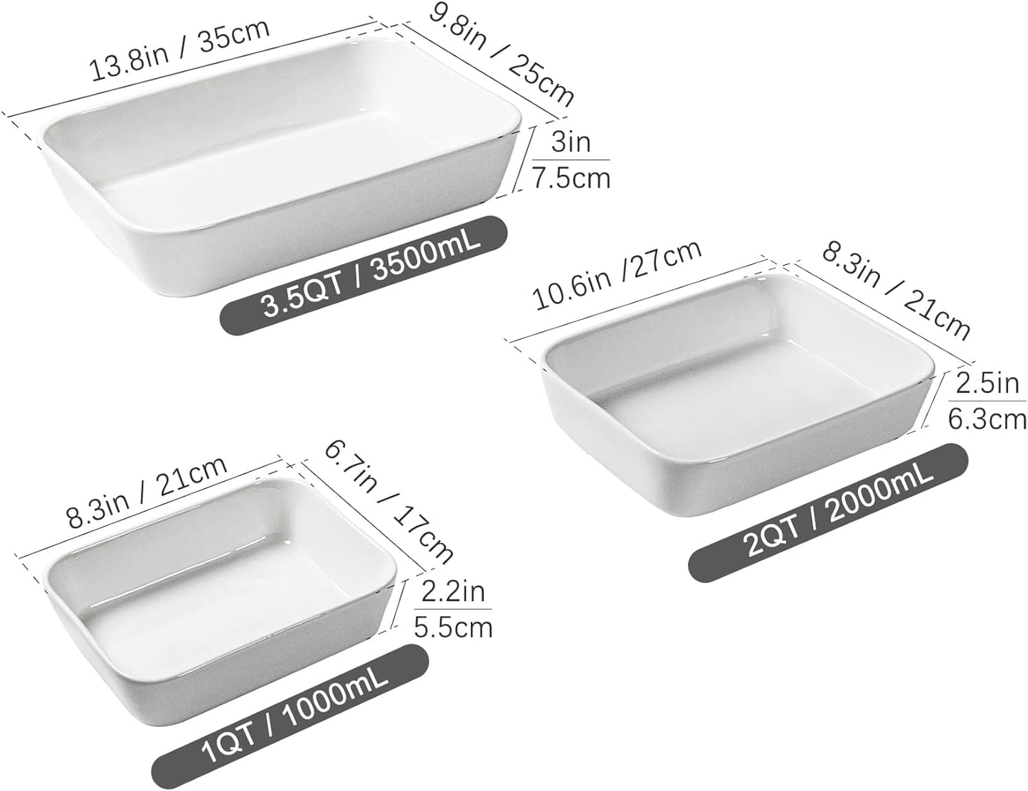 UNICASA Ceramic Oven Dishes - Set of 3 Rectangular Casserole Dishes | Non-Stick, White, 1000/2000/3500 ML
