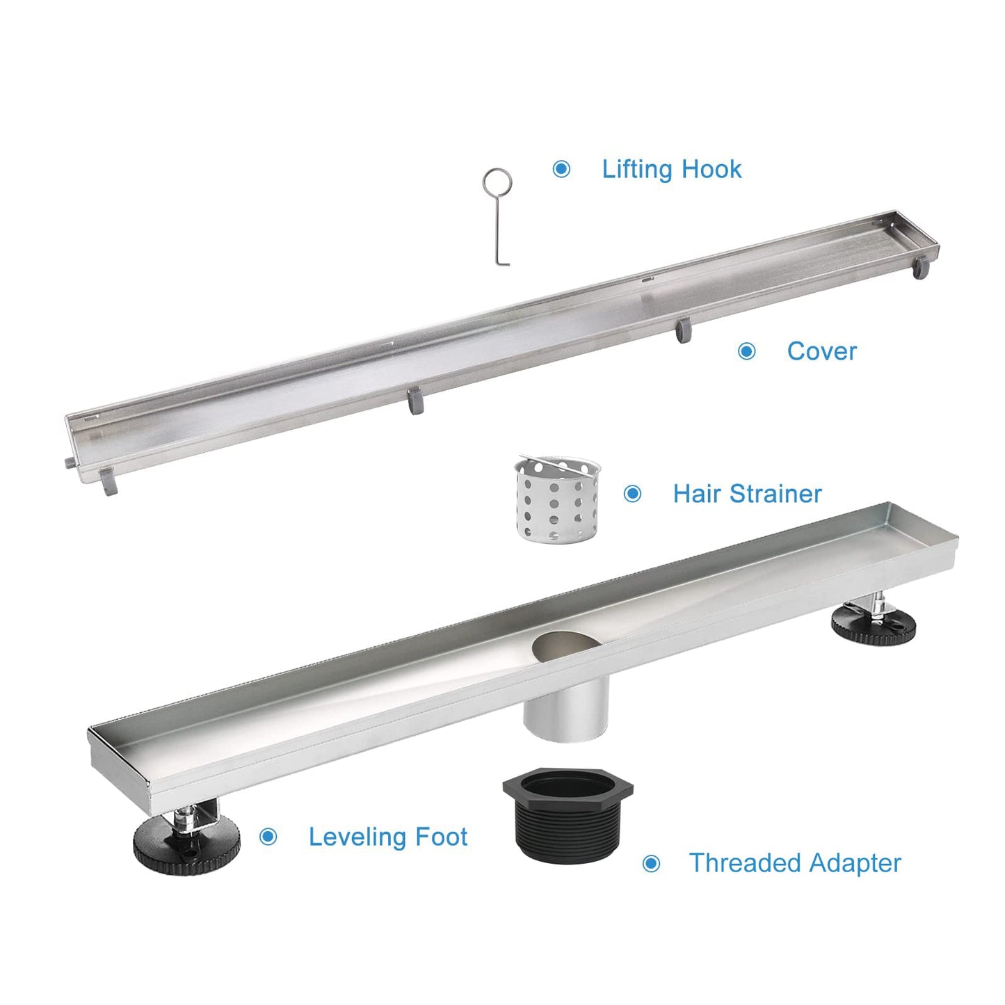 Elefloom Linear Shower Drain, 60 inch Drain with Tile Insert 2-in-1 Panel, Brushed 304 Stainless Steel Shower Floor Drain, Linear Drain with Hair Strainer and Adjustable Feet