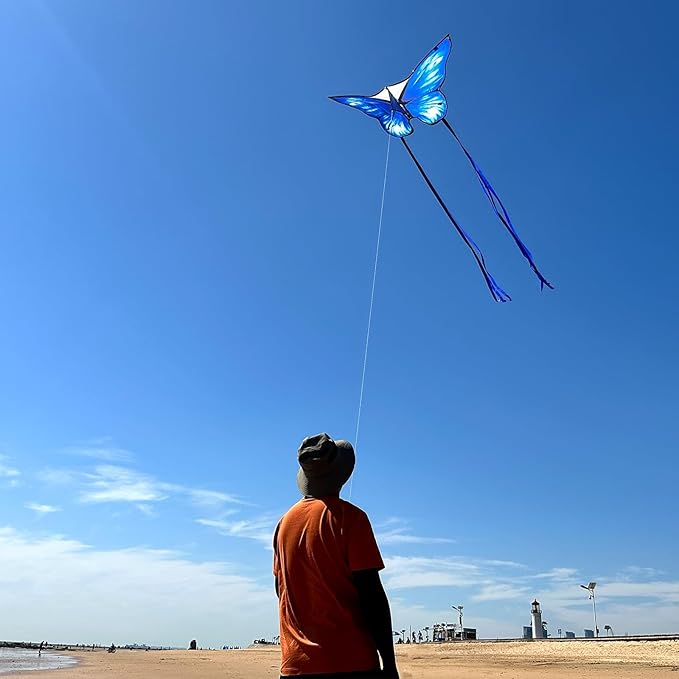 Simxkai Butterfly Kite for Kids & Adults, Easy to Fly Blue Big Kite for Beginners, Line Handle Included (1Pack 2Pack)