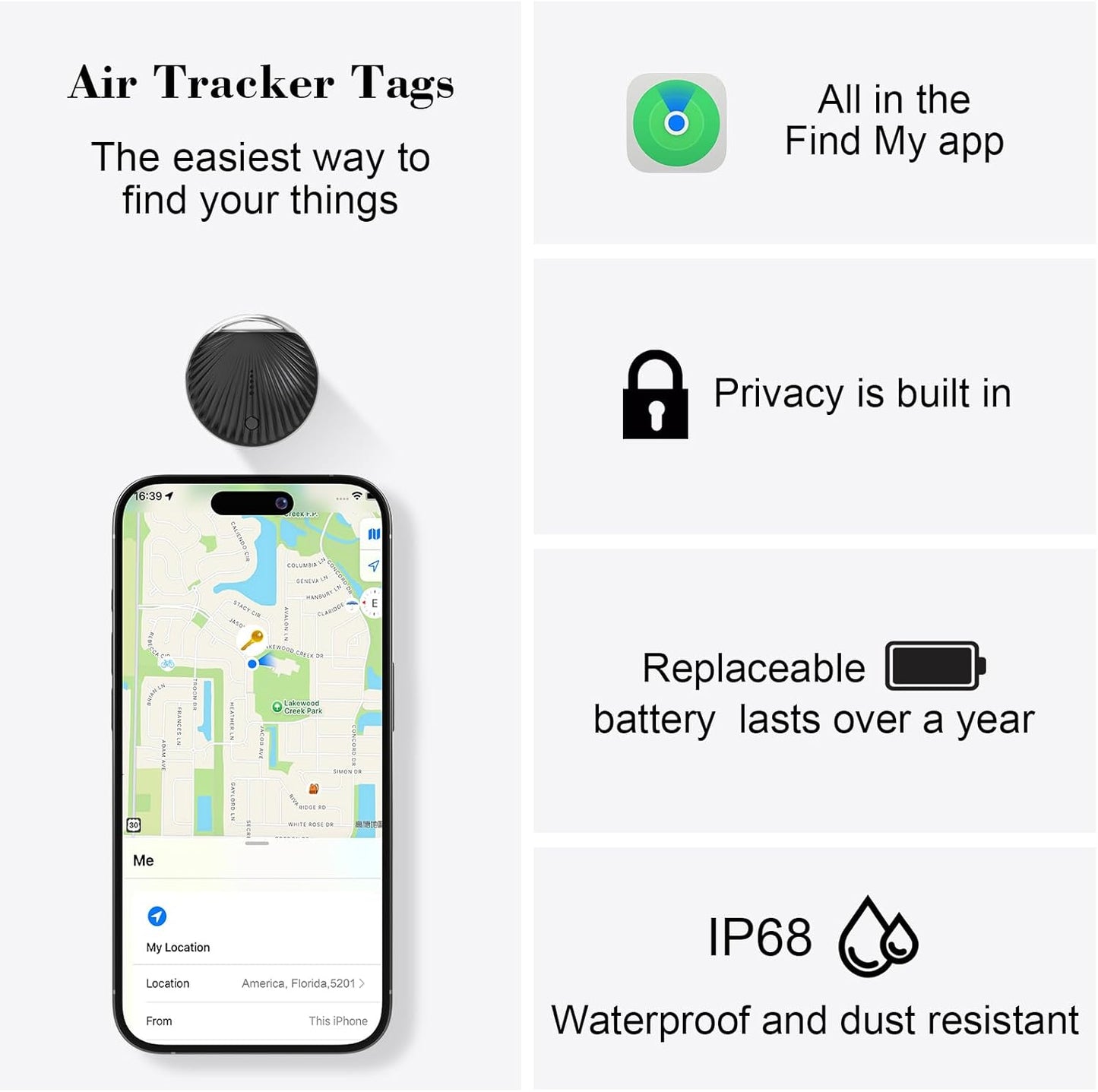 ssltvti IP68 Air Tracker Tag, Smart Tag Bluetooth Tracker Works with Apple Find My (iOS Only), Waterproof, Replaceable