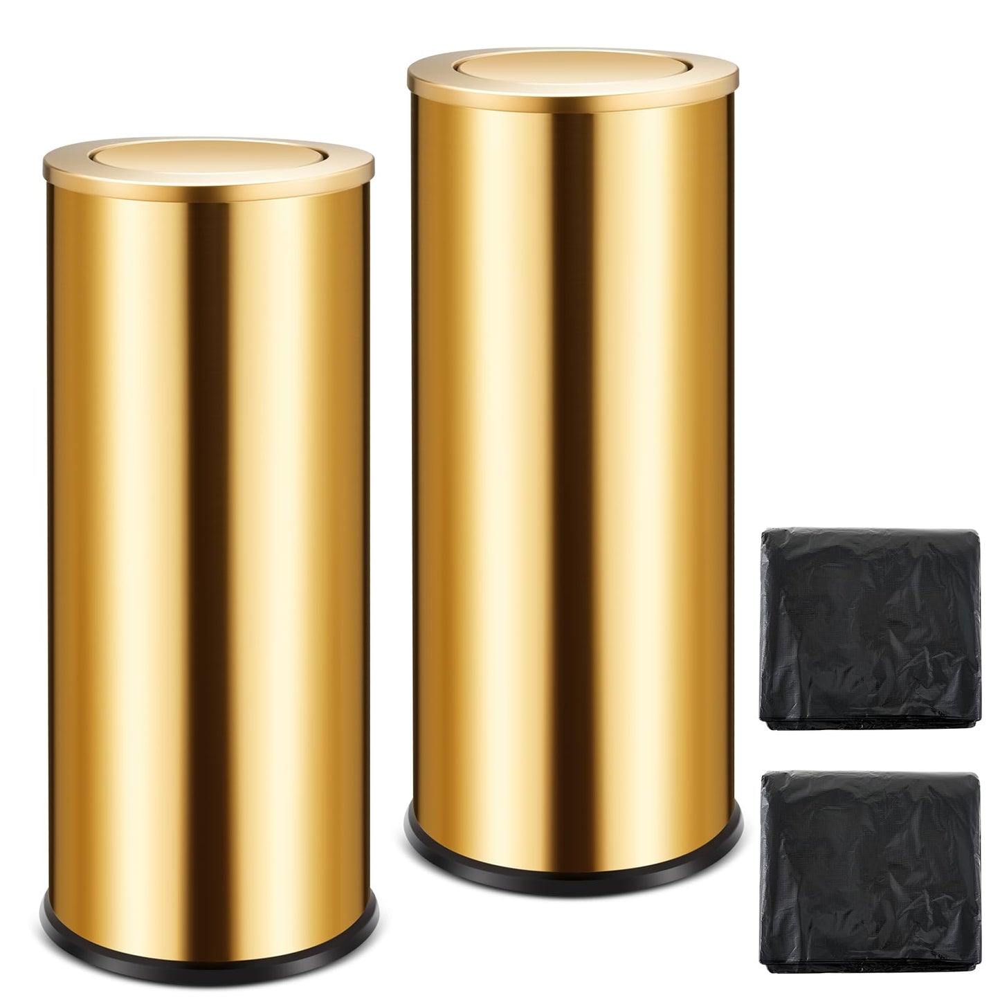 Reallnaive 2 Set 30L/8GAL Gold Lidded Trash Can with 200 Garbage Bags Metallic Gold Brass Kitchen Garbage Bin with Flip Lid Commercial Compact Waste Basket for Shopping Centers, Elevator Doors, Hotels