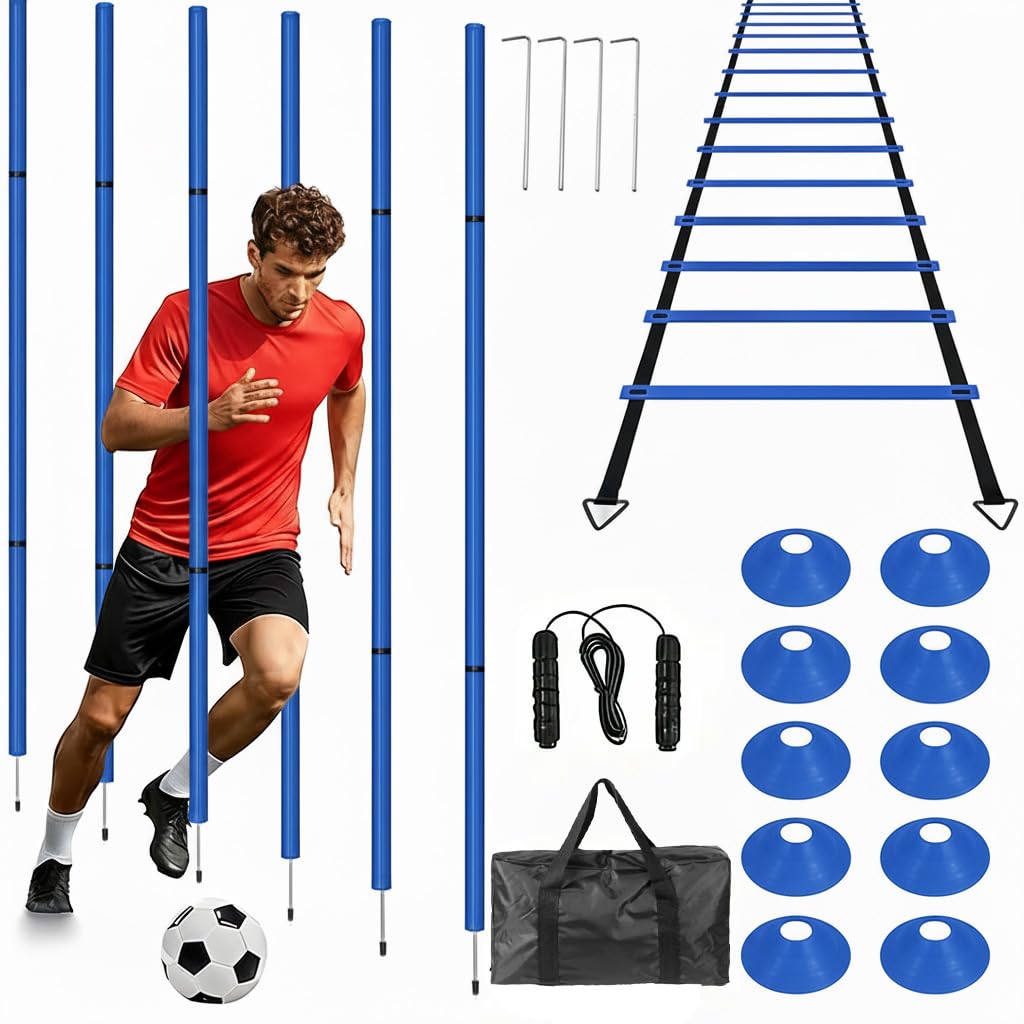 Soccer Agility Training Equipment Set - 6 Pro 59" Spliceable Agility Poles with Ground Spikes, 1 20ft Speed Ladder, 10 Soccer Cones, Jump Rope & Carry Bag for Youth Soccer & Football Drills (blue)