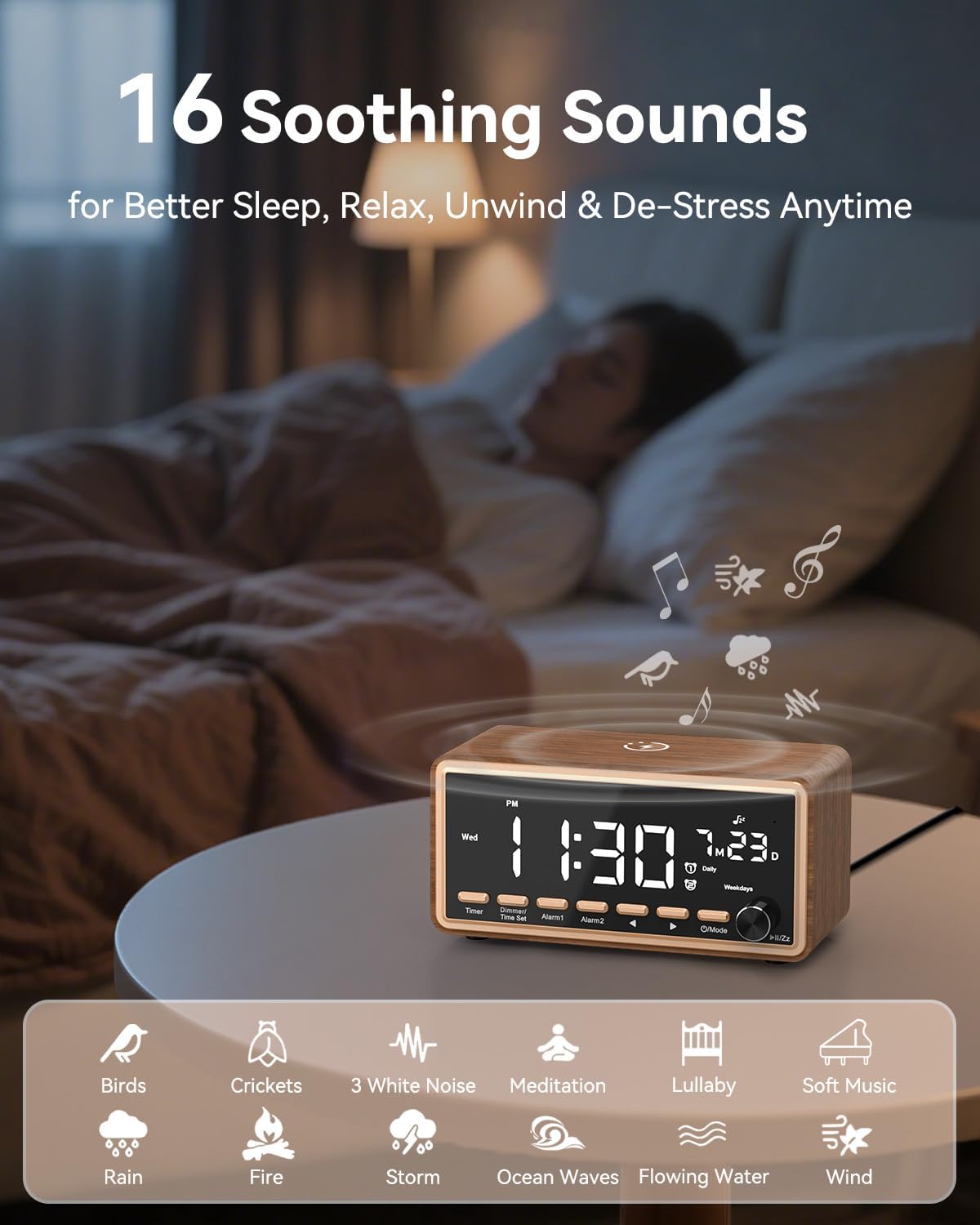 Charging,Dimmable Digital Alarm Clocks Radio for Bedrooms,FM Radio & White Noise Sound Machine with Timer,Bluetooth