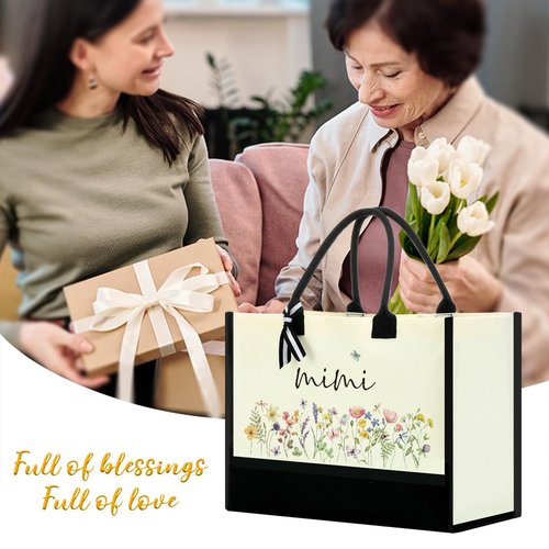CYZCYZ Mimi Gifts Gifts for Mimi Grandma Practical Gift for Grandma Canvas Tote Bag Ideas First Time for Women Birthday Christmas Flower Reusable Beach Bag Shopping Bags