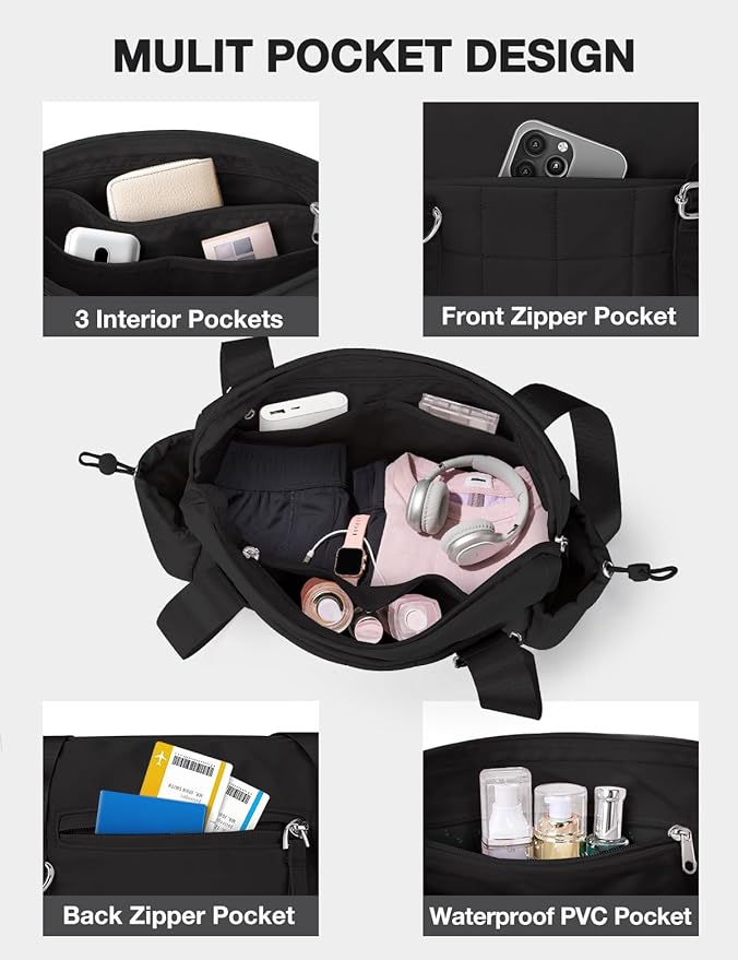 VUUDH Puffy Mini Gym Bag for Women, Carry On Multi-Pocket Water-Resistant Duffel, Lightweight Sports Bag for Fitness, Work, Travel, Daily Commute,Black
