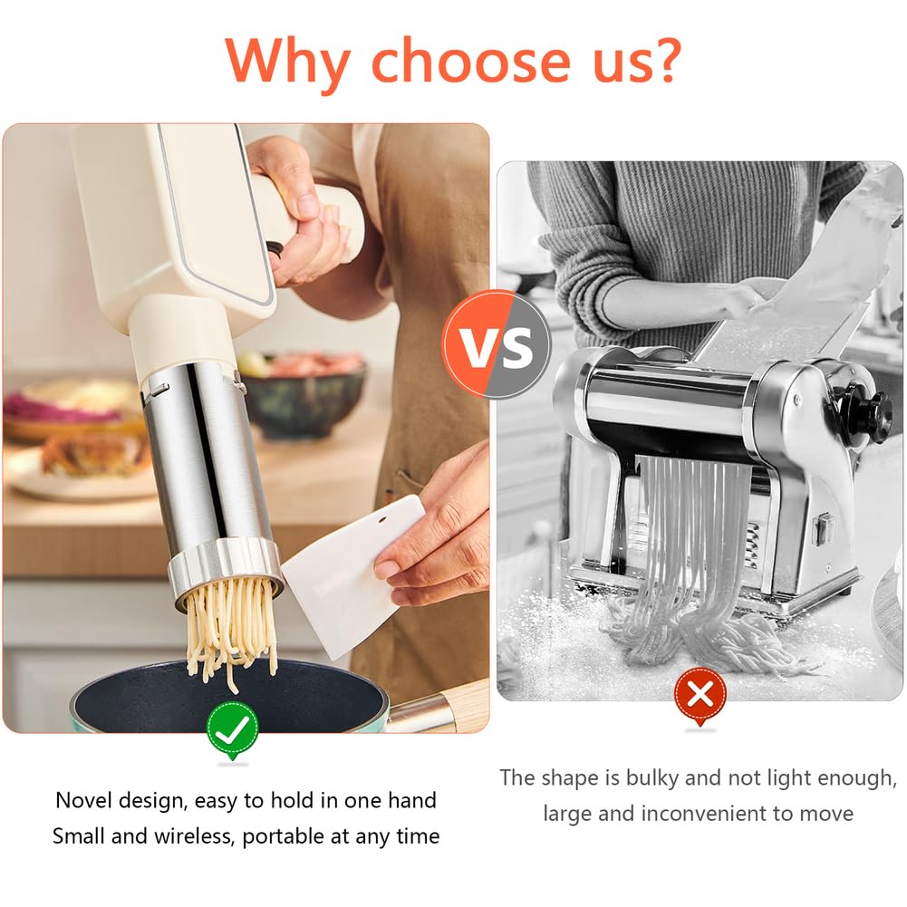 QCQDL Electric Pasta Maker, Handheld Pasta Maker Machine, All-In-One Cordless Noodle Machine, with Shaping Molds And Cutter,White