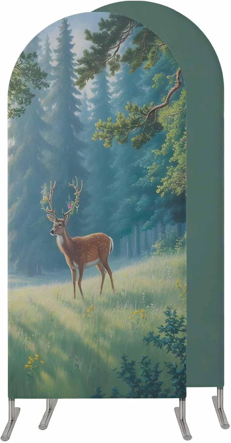 Jnbasdffb 7.2 Forest Elk Wedding Arch Cover,Stretchy Spandex Arch Backdrop Stand Covers FT,Green Trees Leaves Landscape