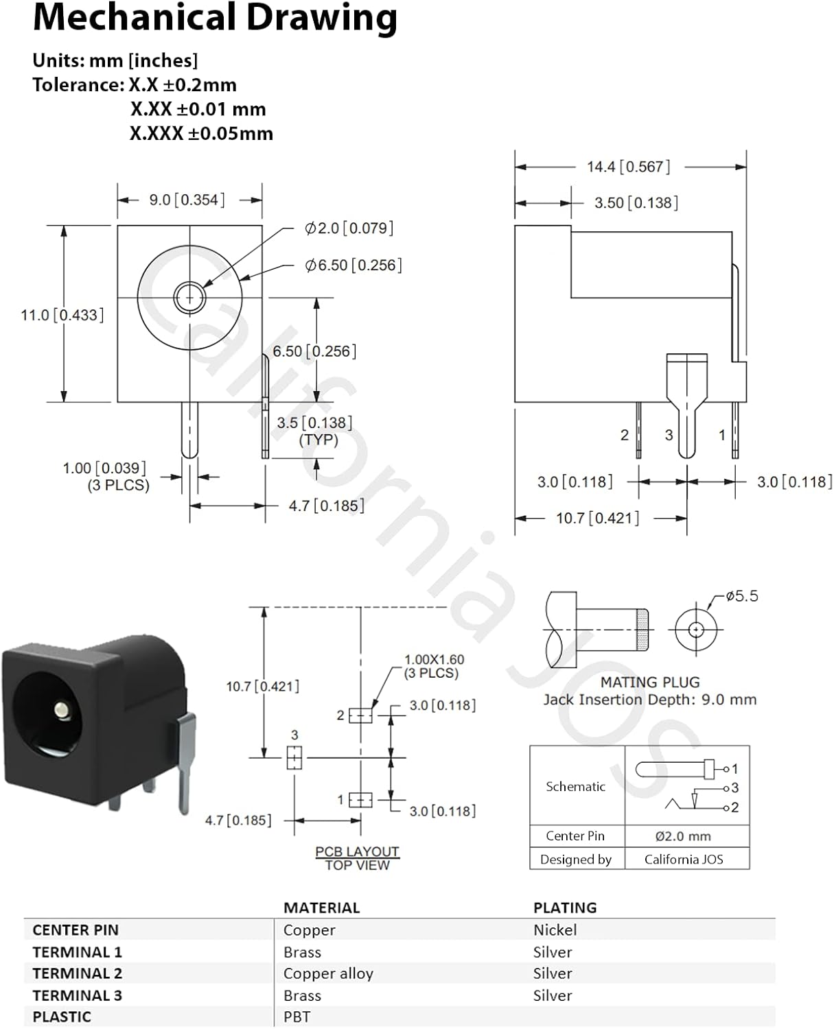 2.1mm (10 California JOS Breadboard-Friendly PCB Mounting Female DC Power Barrel Jack PCS)