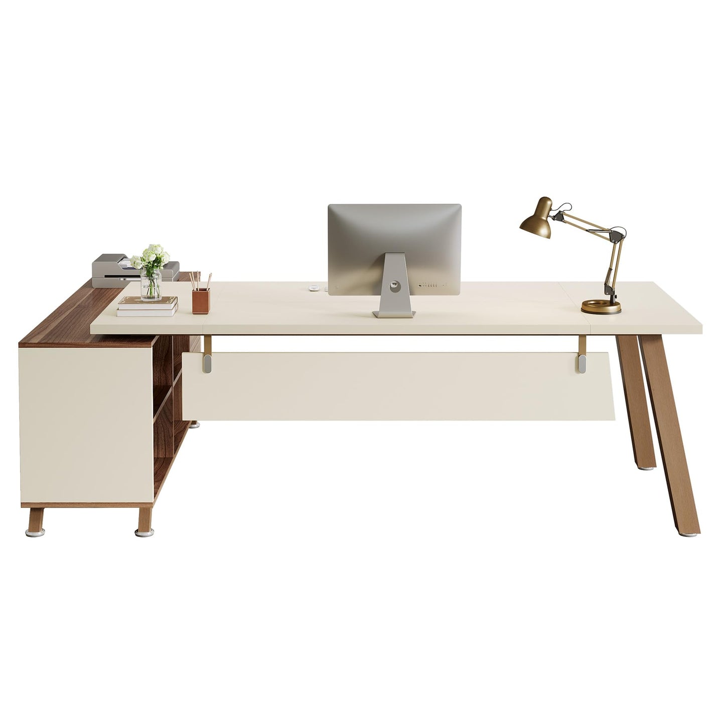 Tribesigns 78.7" L-Shaped Executive Desk, Modern Office Desk with File Drawers & Storage Shelves, Large Computer Desk with 55-Inch Cabinet, Business Workstation for Home Office, Beige & Walnut