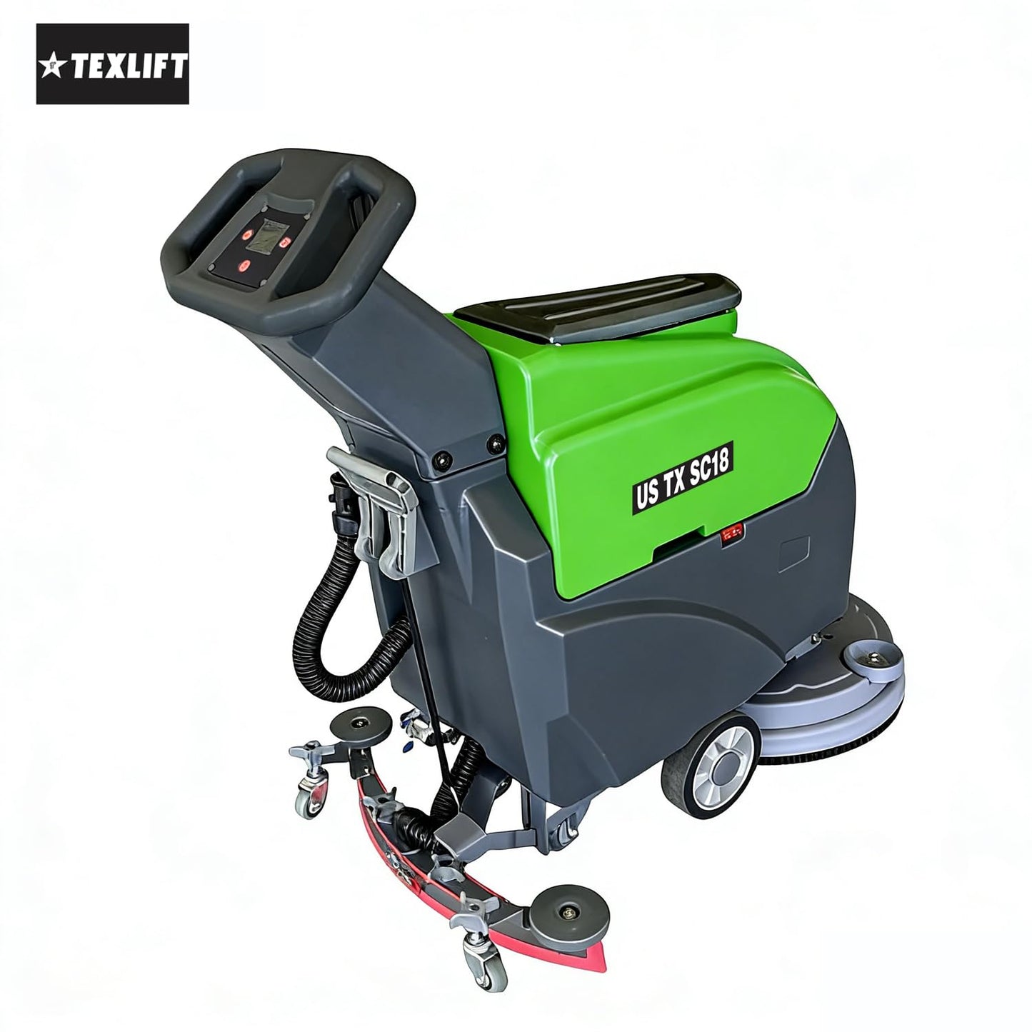 Walk-Behind Commercial Floor Scrubber Machine, 18″ Cleaning Width, Battery Powered Scrubber Dryer with 13 Gal Tanks for Warehouse, Retail & Facility Cleaning (US-TX-SC18)