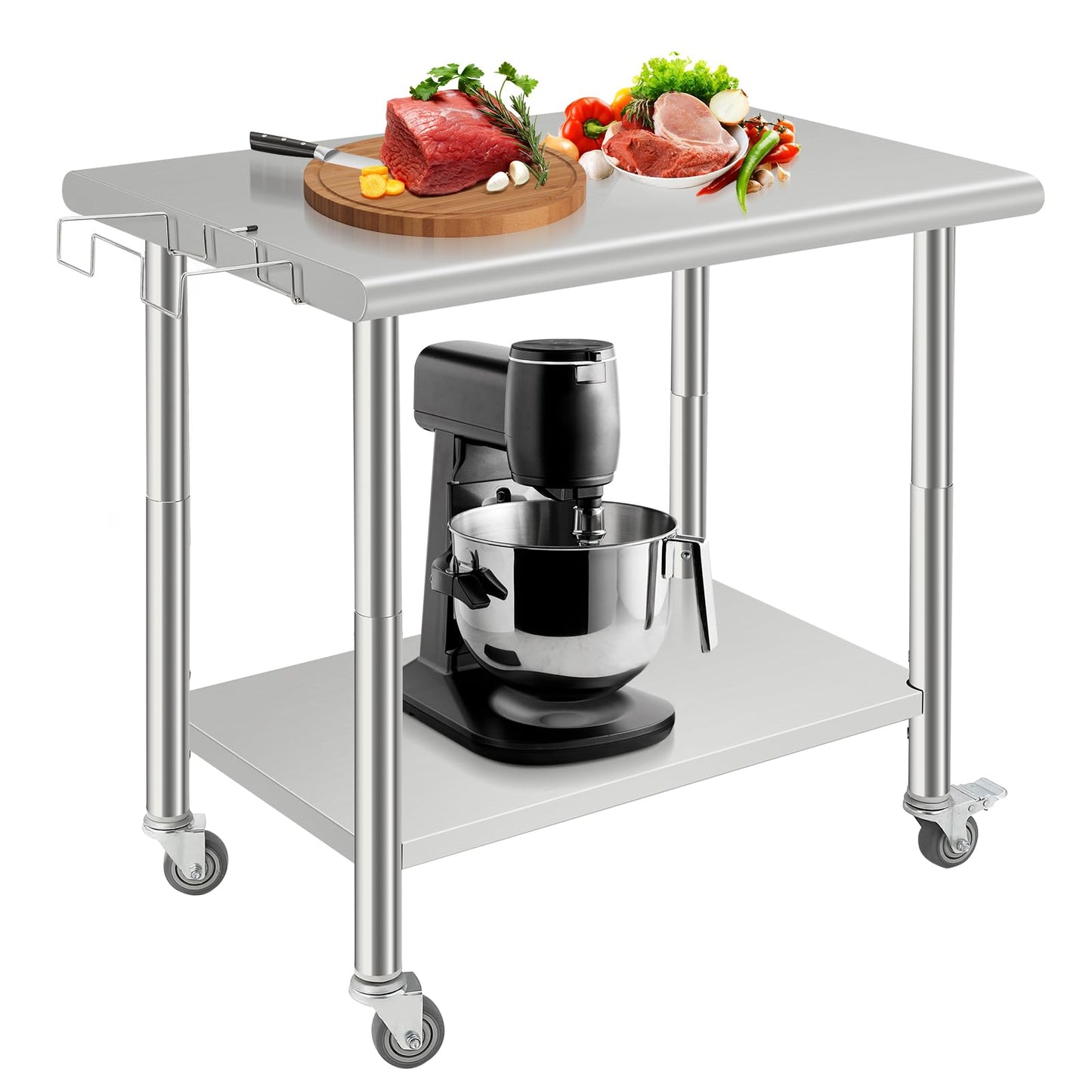 MilleLoom Stainless Steel Work Table with Wheels - 36"x24" Commercial Food Prep Table with Removable Trash Rack & Adjustable Undershelf, Heavy Duty Metal Worktable for Restaurant, Kitchen, Home