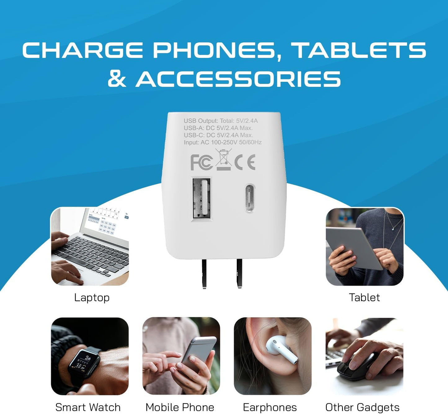 Ceptics (CTU-6) Japan, Philippines Travel Adapter Plug with USB-A + USB-C - Usa Input - Type A - Ultra Compact