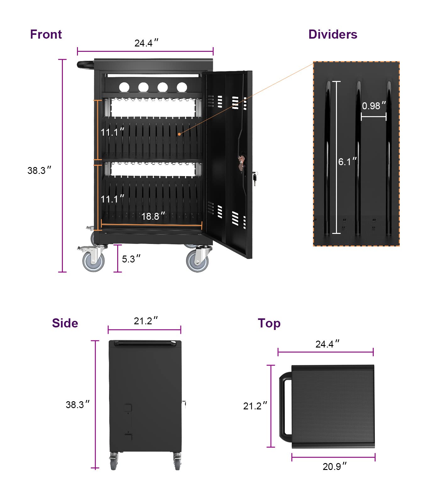 30-Device Mobile Charging Cart with Power Strip, Locks, Cable Management, Up to 16.3" Safe Charging Cabinet for Chromebooks, Tablets, Laptops. White with Code Lock