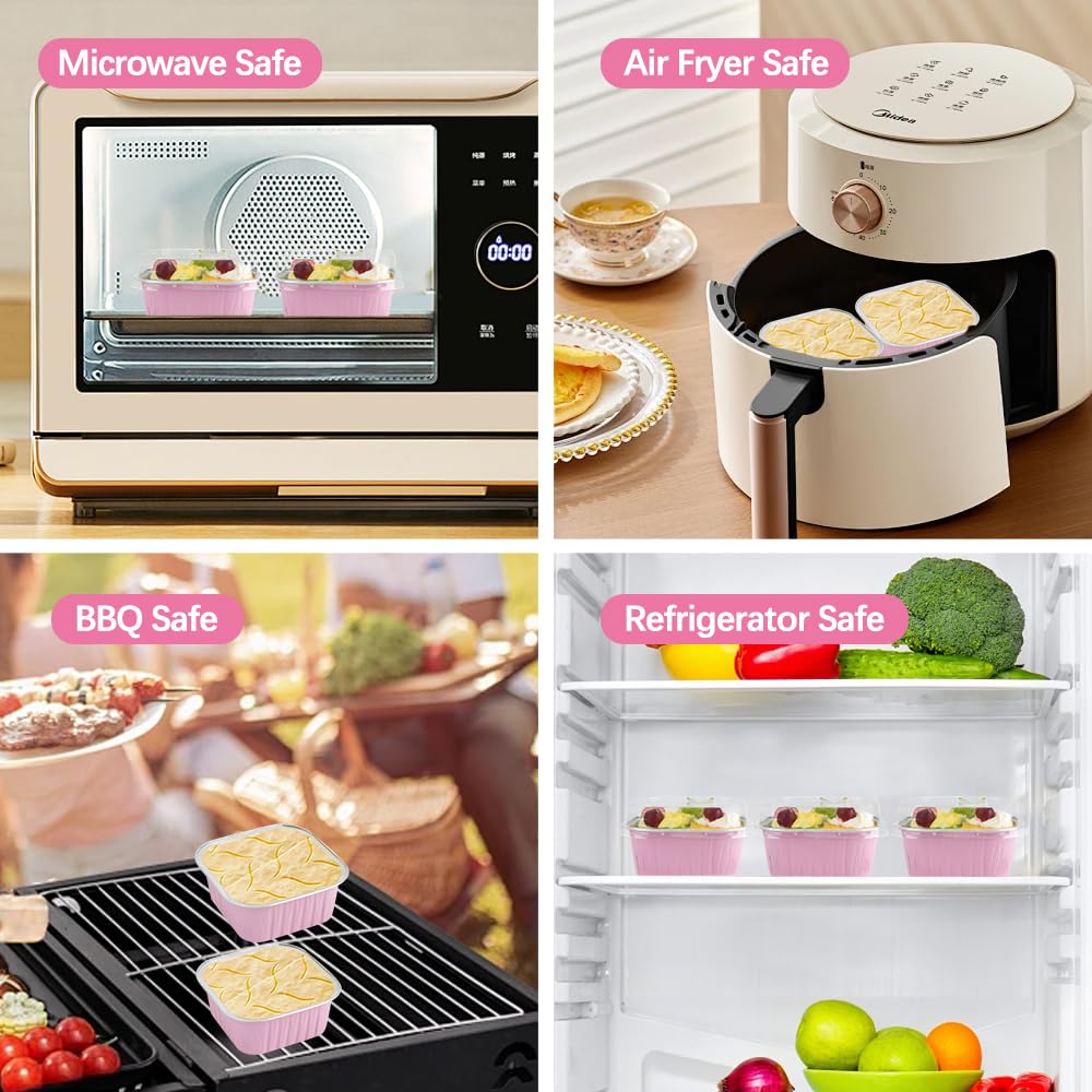 RETON 100 Pcs Mini Cake Pans with Lids Sporks and Stickers, 5oz Aluminum Foil Square Baking Cake Cups, Individual Cupcake Containers Foil Ramekins for Brownies Dessert Party Wedding Birthday (Pink)